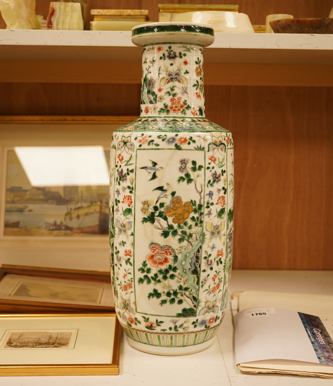 A Chinese famille verte rouleau vase, 19th century, 46cm